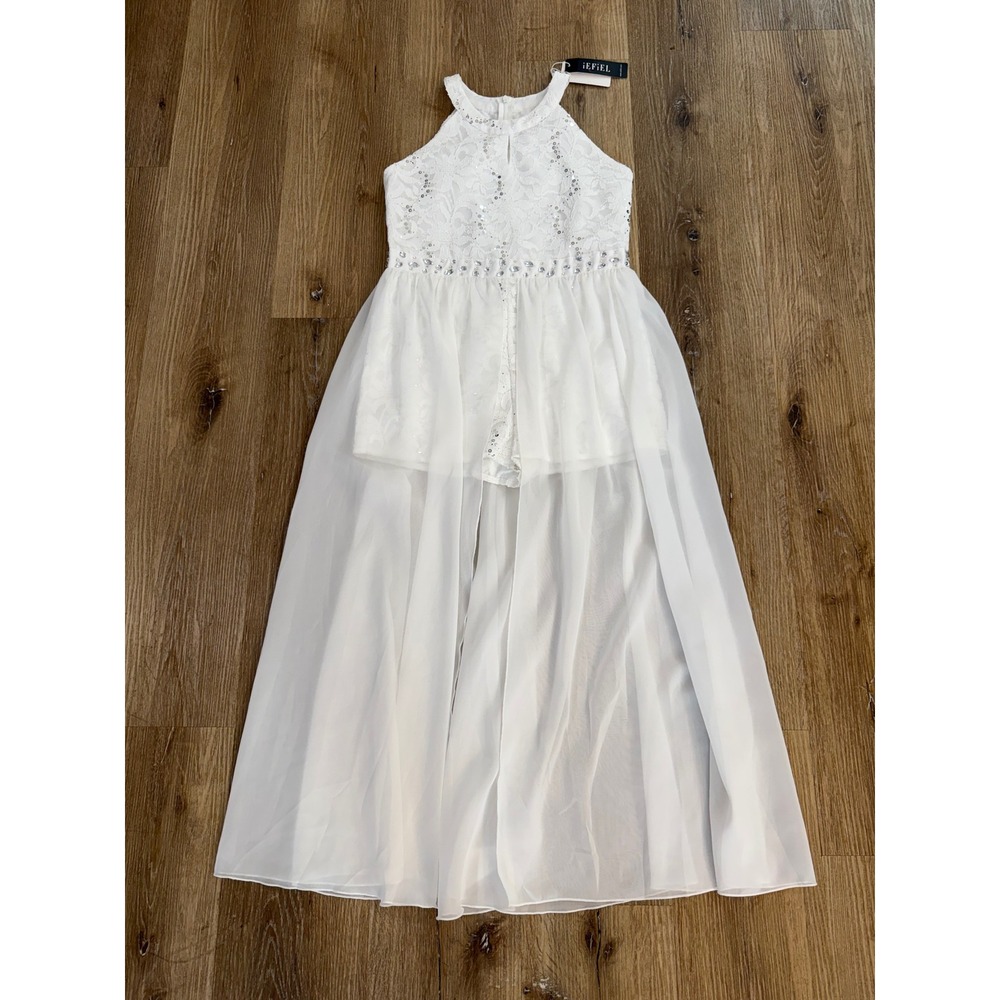 iEFIEL Lace Sequin Chiffon Overlay Romper Dress Girls 12 White Formal Pageant